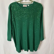 Quacker Factory Size 2X Kelly Green Ribbed Sequin Long Sleeve Top