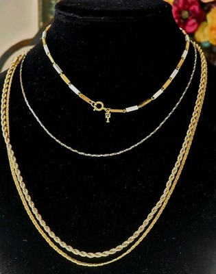 LOT OF NECKLACES CROWN TRIFARI GOLD & WHITE 14'' 2-HERRINGBONE 1-ROPE TWIST
