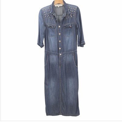 Elisabetta Franchi Shirt Dress Size IT 40 US S Blue Chambray Gold Studs Button