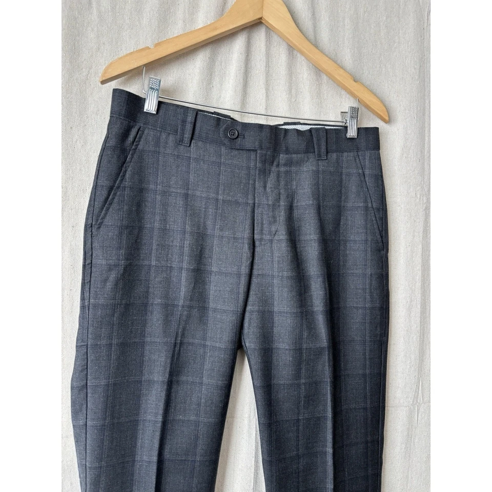Bloomingdale’s Men’s Store Flat Front Pants Gray Blue Glen Plaid 32x34 Academia - Image 2 of 4