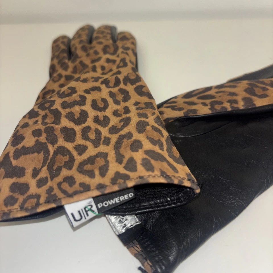 Guantes negros para mujer UR Powered talla pequeña concha 100 % cuero estampado de leopardo Foto 4 de 4