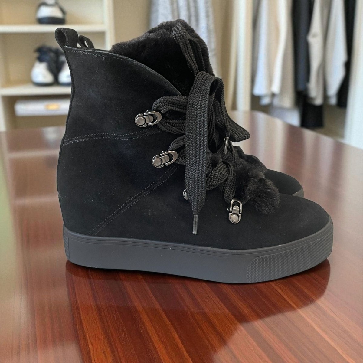 JSlides Whitney Black Suede Wedge Sneakers New In Box Fur Streetwear  Winter