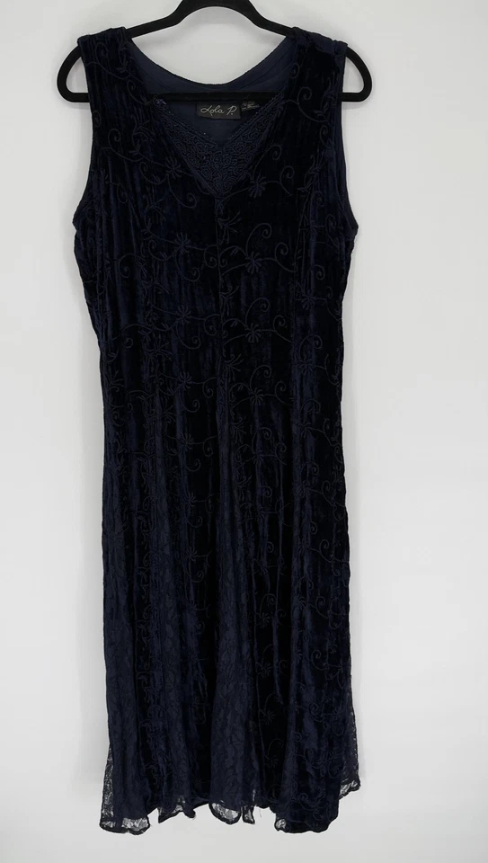 Vestido Lola P. Para Mujer Grande Azul Marino Terciopelo Floral Encaje Maxi Sin Mangas Caprichoso Gótico Foto 2 de 4