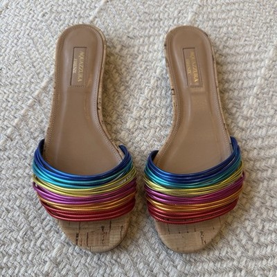 Aquazzura Multicolor Rainbow Straps Leather Slide Sandals Women's Size 6.5