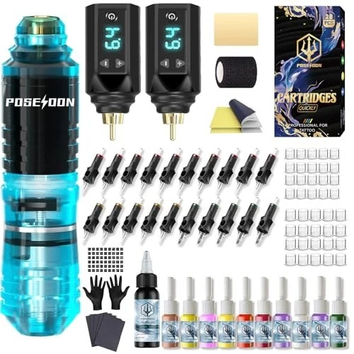 POSEIDON Tattoo Pen Kit W/ 2x1500mAh Battery 20-Pc Needles 11-Pc Inks Blue - product listing photo
