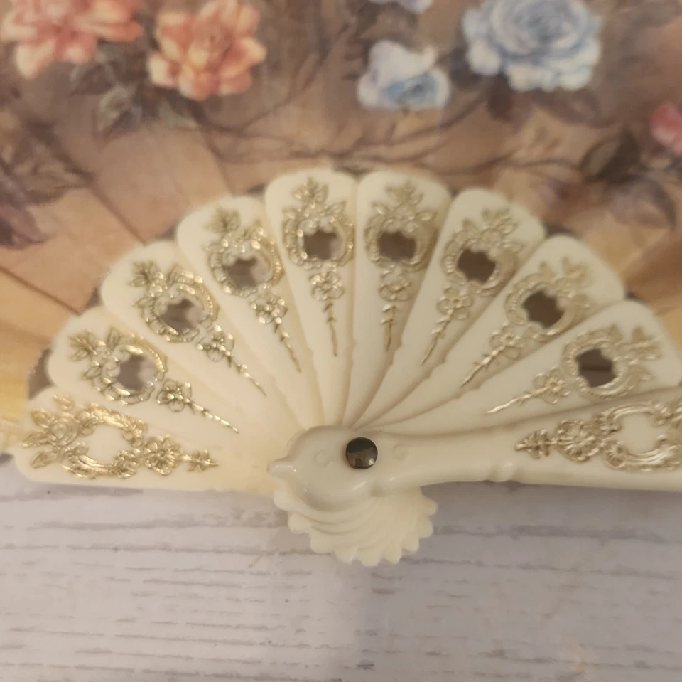 Antique Victorian Celluloid Lace & Hand Painted Flowers Folding Hand Fan - Image 2 of 4