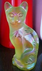 FENTON TOPAZ OPALESCENT IRIDIZED SATIN GLASS "LILY TRAIL" STYLIED CAT ART SIGNED