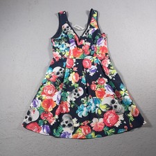 Hot Topic Roaming Heart Dress Women Large Floral Skull Print Fit and Flare Blue