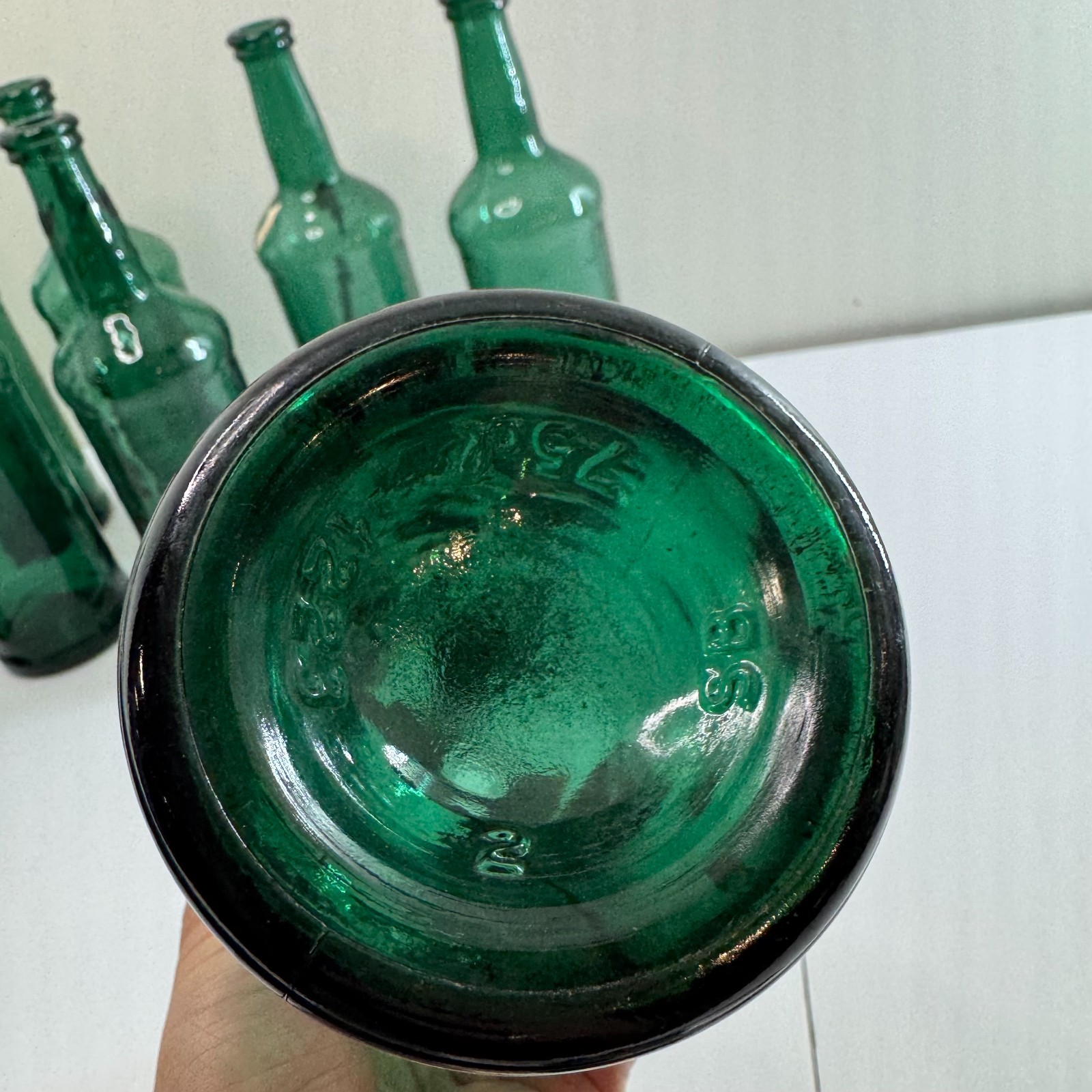 Set of 8 Green Hammered Glass Bottles 10.5” Rustic Decorative Vase Craft Lot