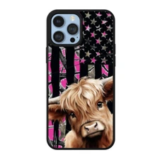 Pink Camo Flag Highland Cow Phone Case Durable Shockproof Women's Gift
