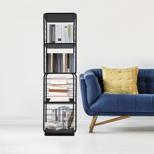 4 Tier Rotating Bookshelf 360° Bookcase Black Square Shelf Display Rack ...