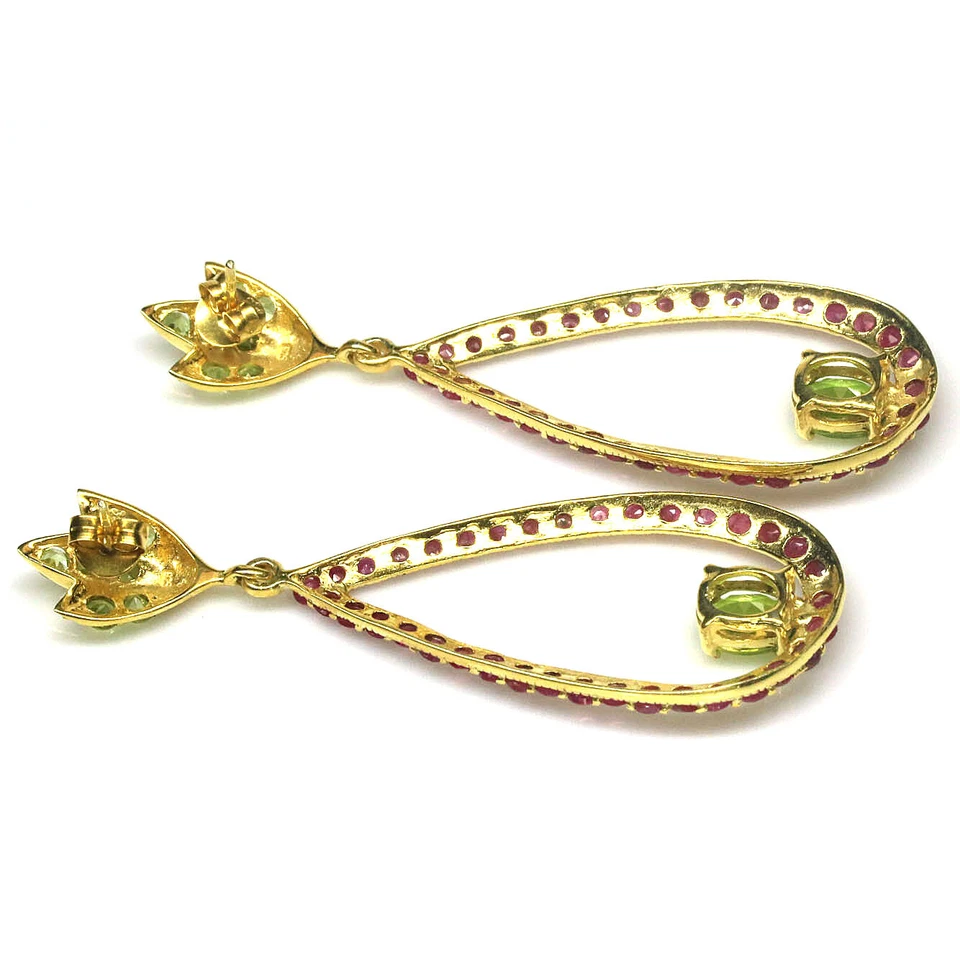 Gemstone Green Peridot & Red Ruby Earrings 925 Silver 18K Gold - Image 3 of 4