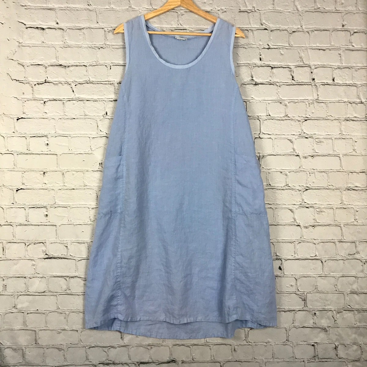 Habitat Linen Dress Womens XL Light Blue Sleeveless Lagenlook Sack Dress Pockets