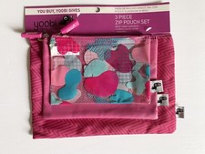 New Yoobi Zipper Pouch Set 3 Pcs. Fun Pink School Office Travel Plastic Fabrics