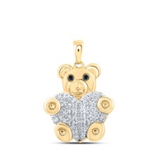 10K Yellow Gold Bear Heart Pendant Hugging Teddy Black Diamond Accent 1/5Cttw