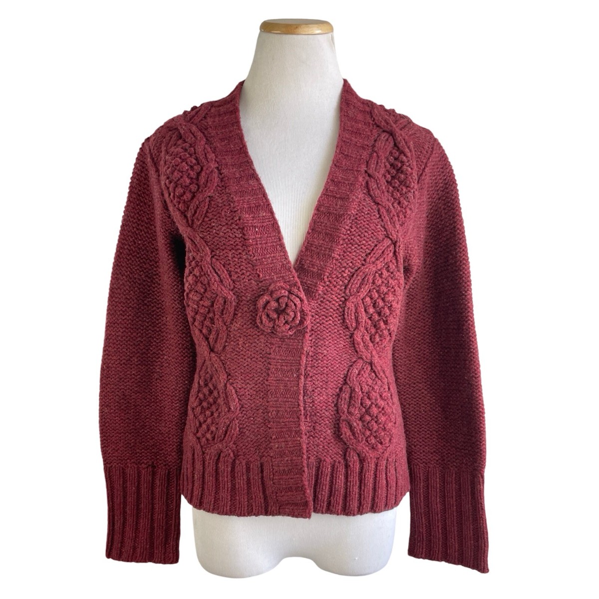 CAbi Cardigan Sweater Size Small Wool Knit Burgundy Red Cable Knit Flower