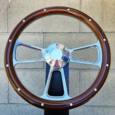 14 Billet Steering Wheel Mahogany Wood Rivets Chevy Muscle C10 Ford Hot Rod