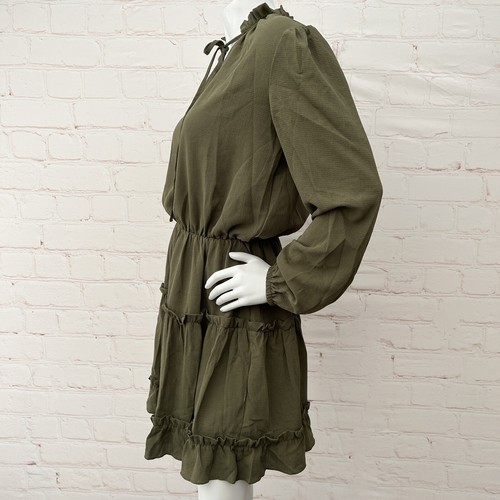 Asvivid Women Split VNeck Ruffle Mini Casual Tiered Babydoll Short Green Dress M - Picture 3 of 9