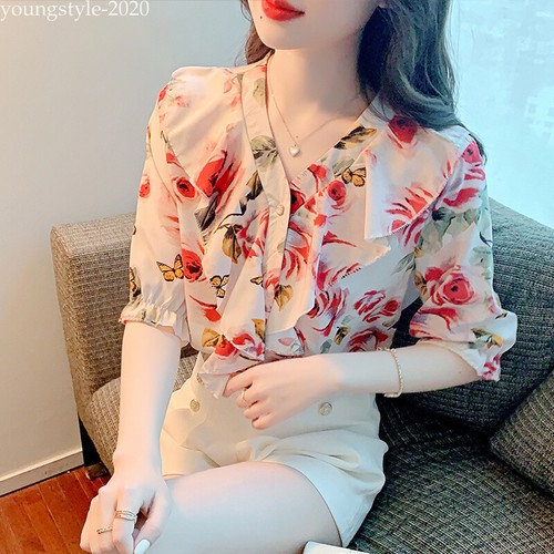 Korean Women Chiffon V-neck Ruffle Floral Summer Casual Boho Tops Blouse  Shirts | eBay