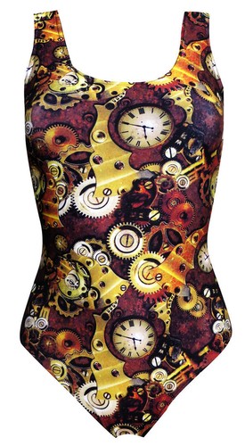 Maillot De Bain Une Pièce Steampunk Traditionnel - Imprimé Mécanique à Rouages - 95% Polyester, 5% élasthanne