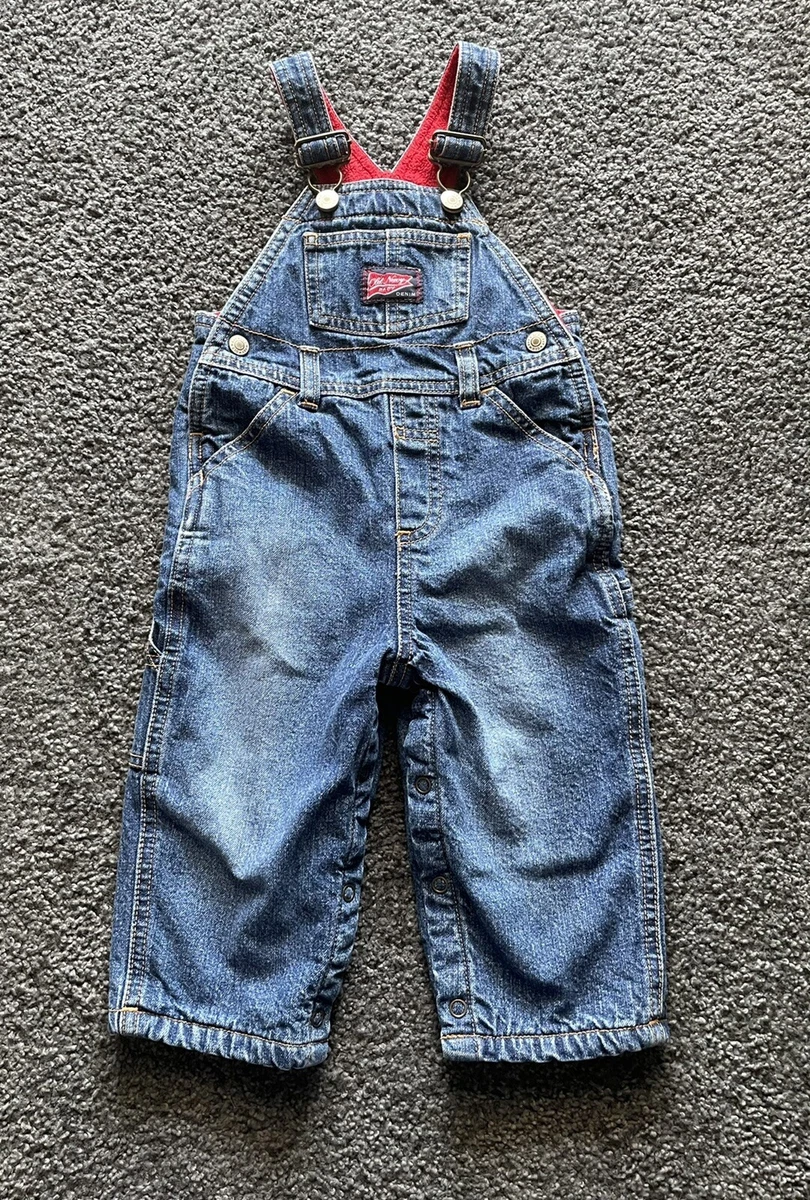 Old Navy Bib Overalls Red Flannel Lined Blue Jean Toddler Boy s Girl s M 6 12mos