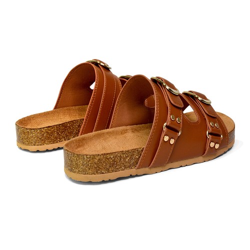 Womens Flat Slip On Buckle Straps Slider Ladies Cork Footbed Mule Sandals - Picture 34 of 45