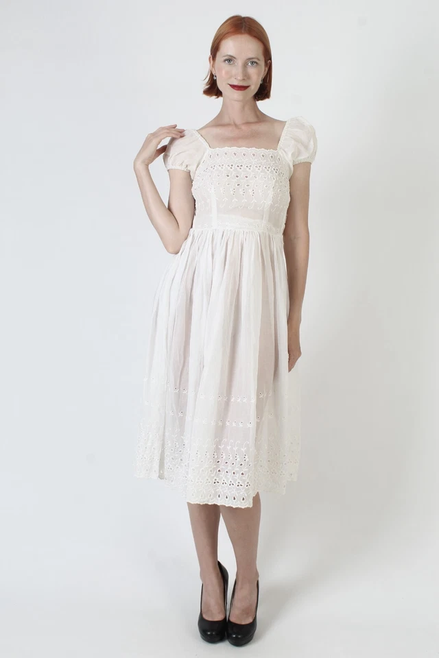 Vtg 40s White Edwardian Dress Embroidered Eyelet Victorian Sheer Antique Gown - Image 3 of 4