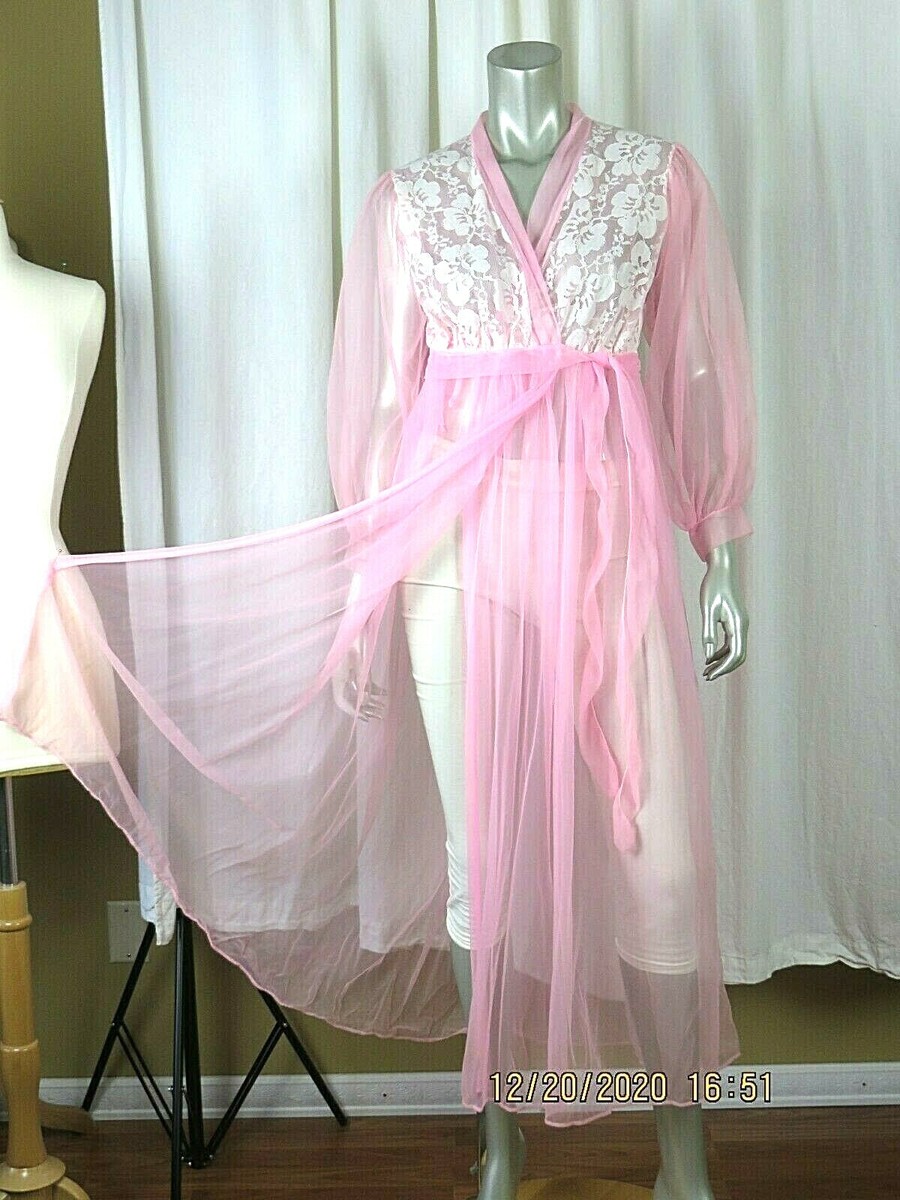 pink sheer dressing gown BJ LAMPERT CORP SZ M NWOT Nylon See Through Pink Bath Robe Cover Up Pajamas  Gown
