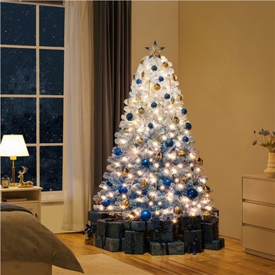 4.5/6/7.5ft Flocked Pre-lit Christmas Tree Xmas Decorations with Foldable Stand