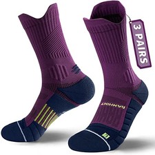 Compression Running Socks 3 Pairs, Cushion Crew Socks, Anti-Blister 3-6 Purple