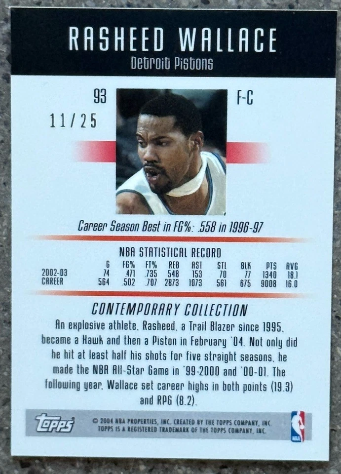 2003 TOPPS CONTEMPORARY COLLECTION GOLD #93 RASHEED WALLACE /25 SSP PISTONS - Image 2 of 2