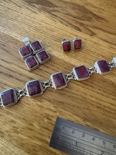 925 Sterling Silver Ruby Jewellery Set Bracelet Earrings Pendant Matching