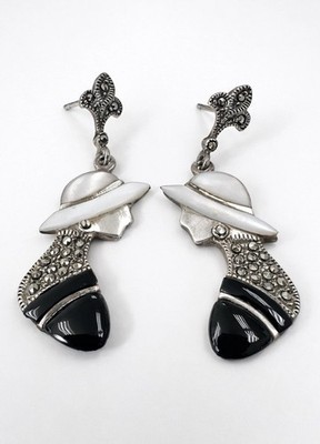 Vintage Sterling Silver 925 Marcasite Dangle Lady s Silhouette Earrings