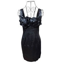 Hailey Logan Black Satin Ruffle Neckline LBD Evening Dress Small