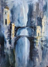 Ancient Ruined Castle Abyss Painting 20x30cm Original Fantasy Bridge Art