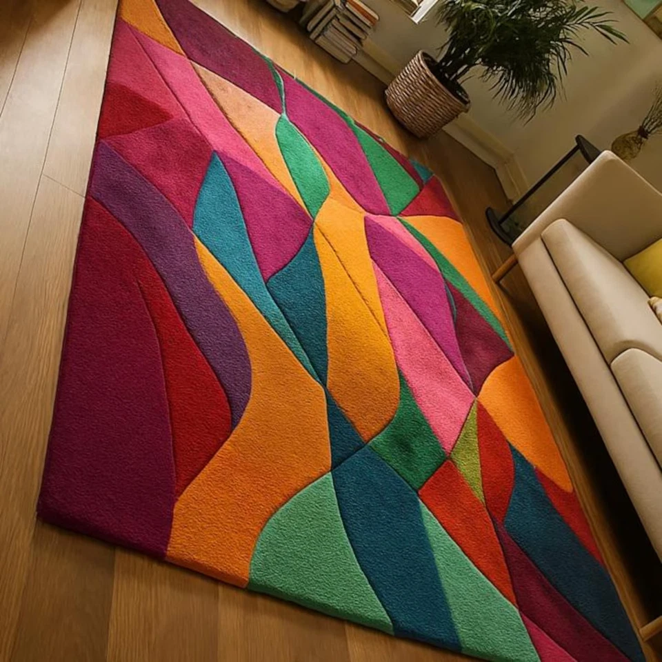 Moderner abstrakter mehrfarbiger handgetufteter Wollteppich - lebendiges geom... - Bild 3 von 4