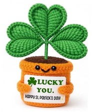 St Patricks Day Gifts for Women, Handmad Crochet Green Shamrock with Happy