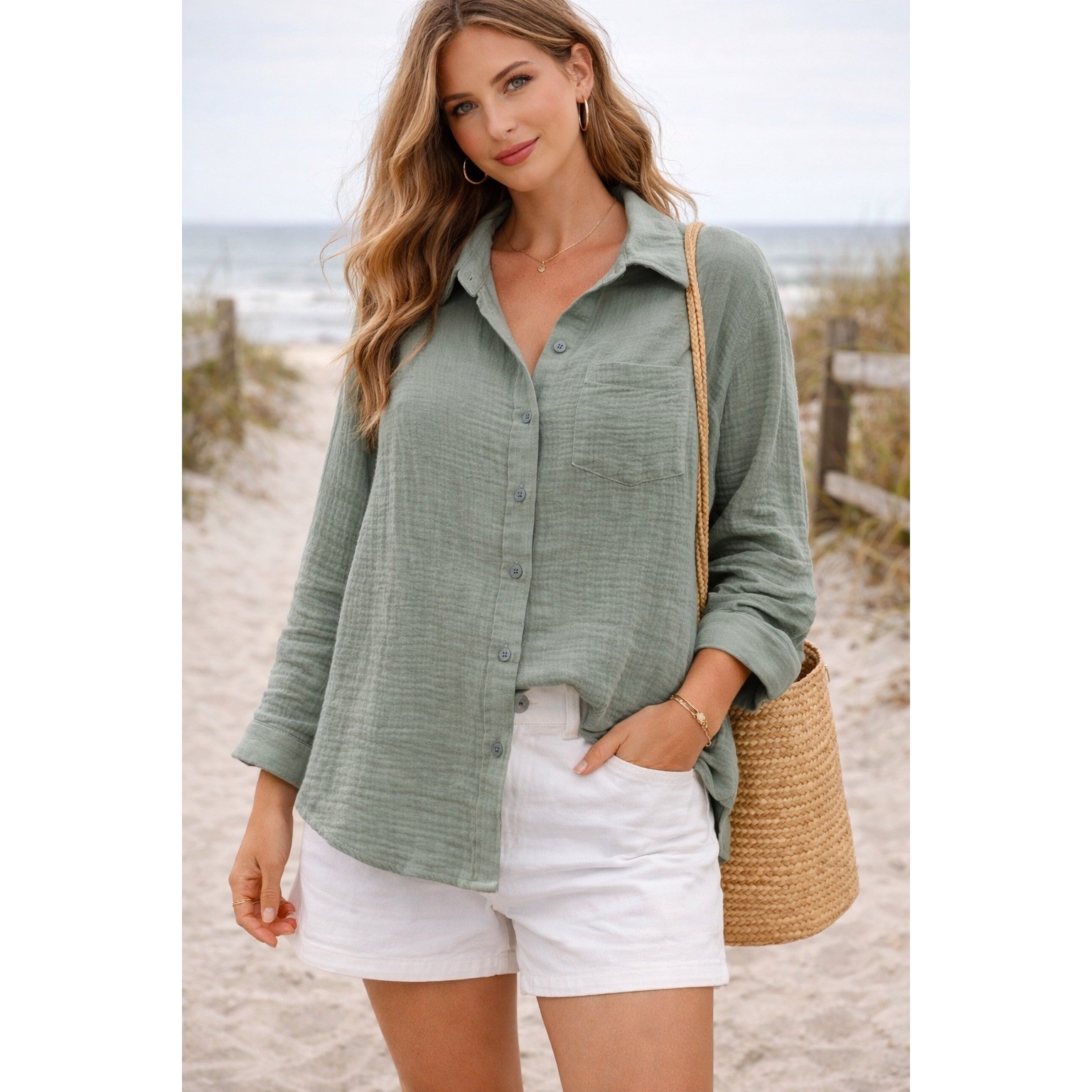 NWT Sage Green Cotton Gauze Button Down Shirt Womens M Coastal Minimalist Beachy