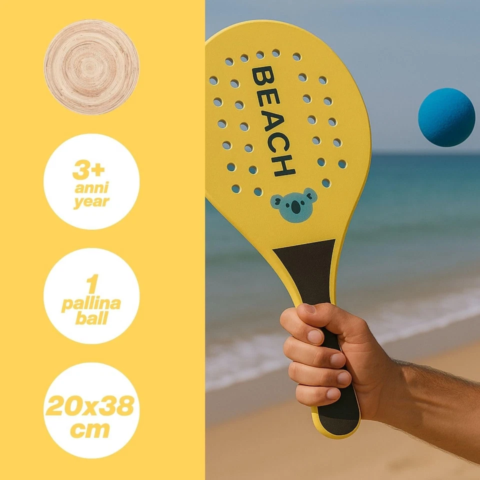 Set Racchettoni da Spiaggia in Legno 2 Racchette 20x38 cm con Pallina Inclusa - Immagine 2 di 4