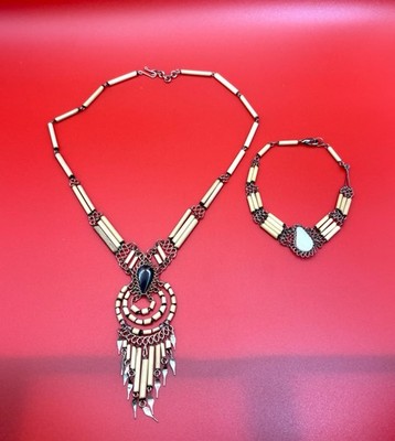 Vintage Boho Peruvian Bamboo Wire Work Statement Bib Necklace Bracelet Set