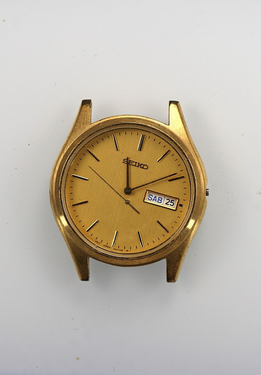 Seiko Watch Men 7N43-9048 Gold Stainless Steel WR Day Date Battery