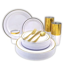 Gold Dinnerware Set 150 pcs – Heavyweight, Party Plates, Cutlery & Cups for 2...