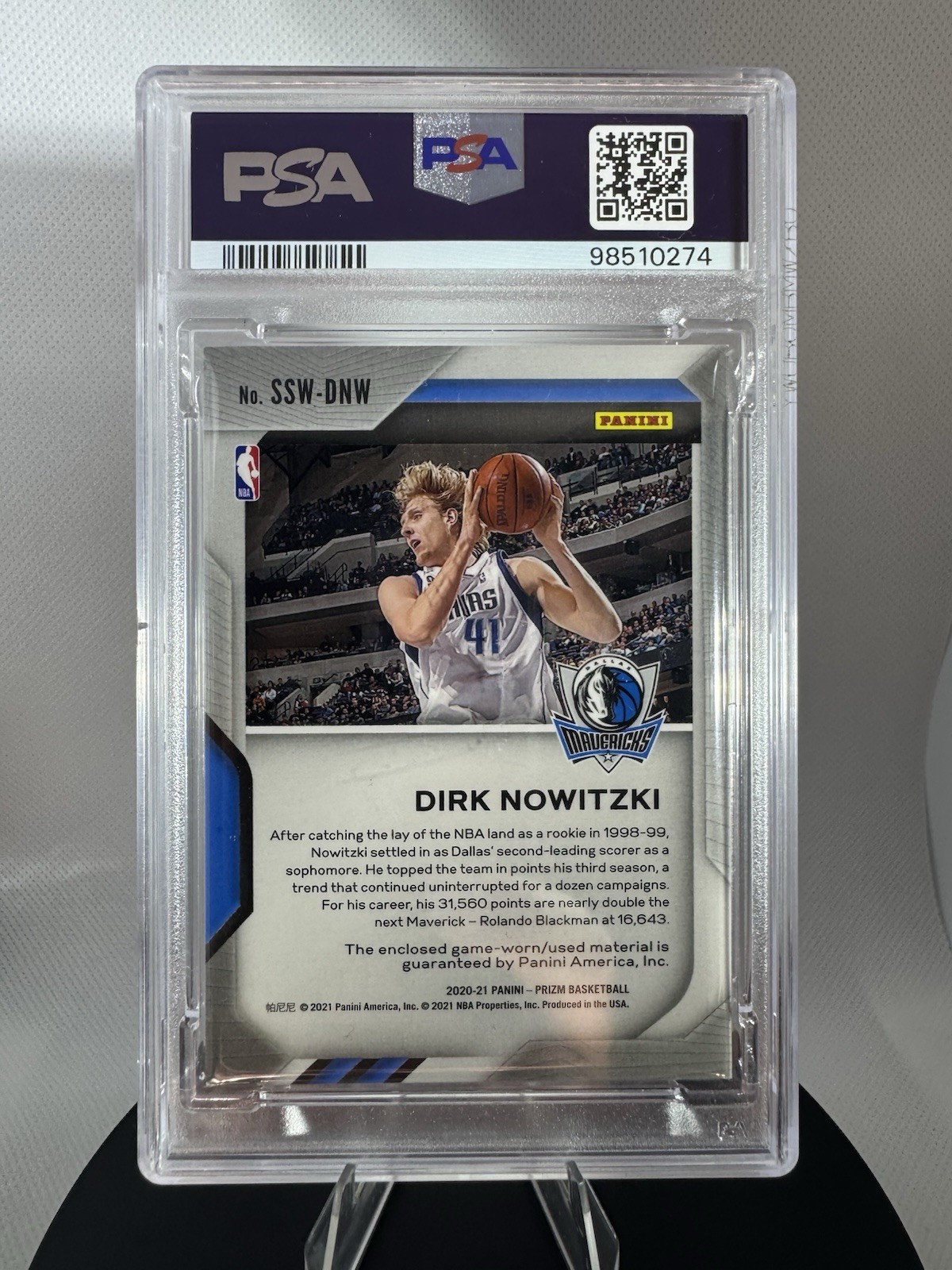 2020-21 Prizm Dirk Nowitzki Sensational Swatches Game Worn Patch #SSW-DNW PSA 9 view 2