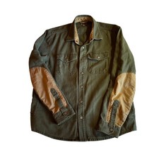 LL Bean Signature Canvas Shirt Jacket Olive Green Elbow Patches Workwear Large