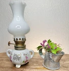Vintage Mini Milk Glass Oil Lamp Floral Transfer Small Chimney 6” Tall