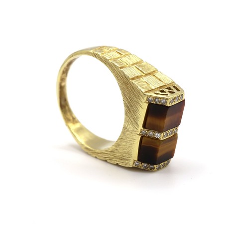 Brown Tigers Eye Diamond Brick 18K Yellow Gold Men’s Statement Ring - Picture 5 of 7