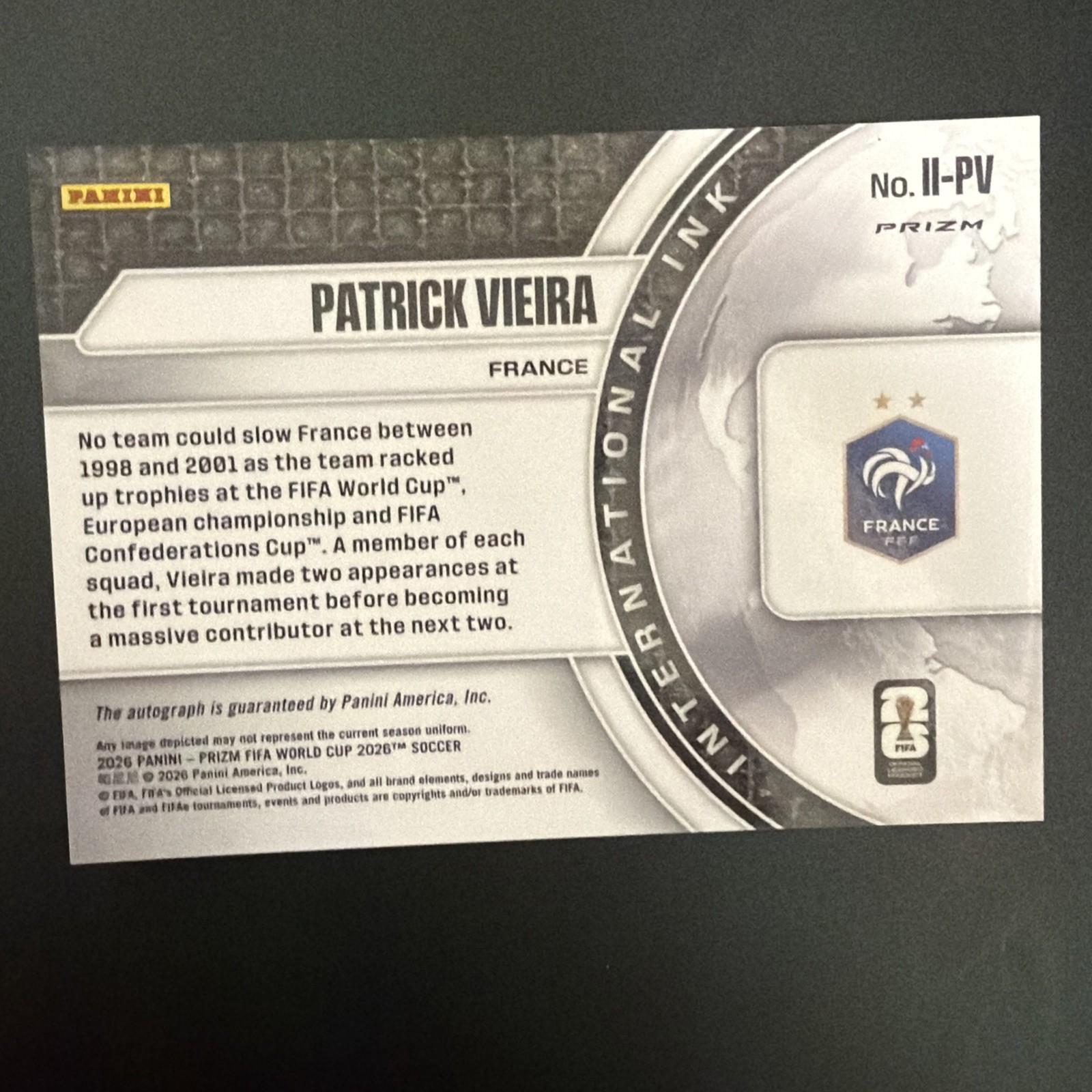 2026 Prizm FIFA World Cup International Ink Silver Wave Auto Patrick Vieira view 2