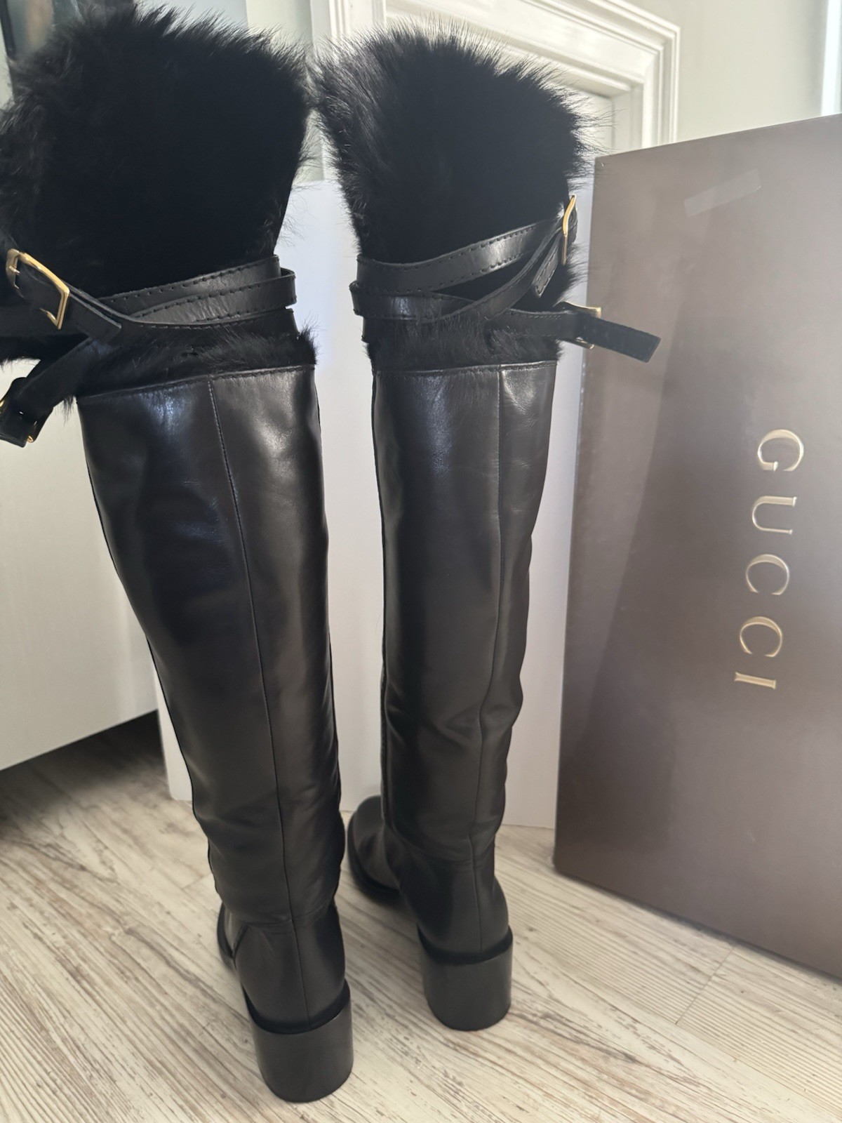 Gucci 228449 Fur Lined Black Leather Tall Boots Size 39 US 8.5 Box Dustbag image 4