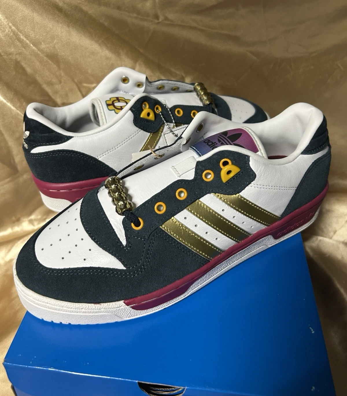 LEATHER size 10 ADIDAS RIVALRY Low Originals Gold Metal Beads White Maroon Navy