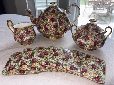 ROYAL ALBERT Old Country Rose Chintz Collection Set Teapot Creamer Sugar Coaster